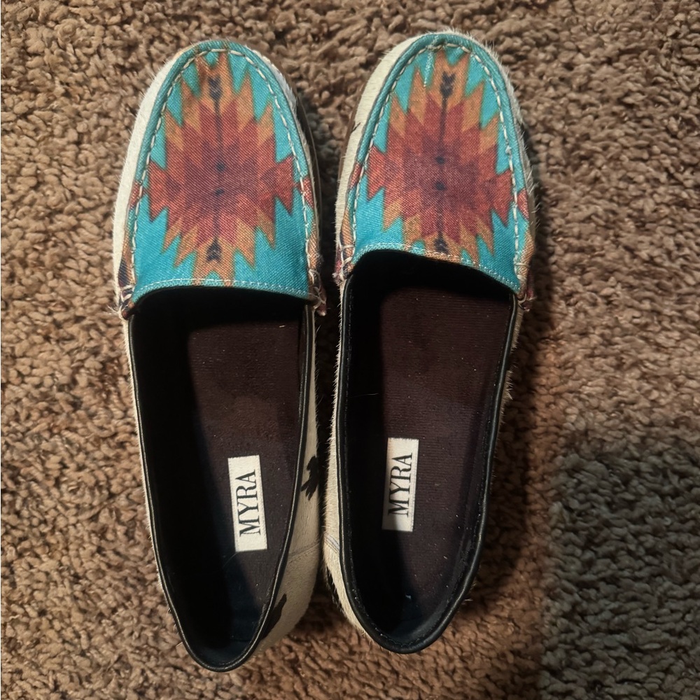Myra Bag Blue and Red Slippers with Southwestern Pattern